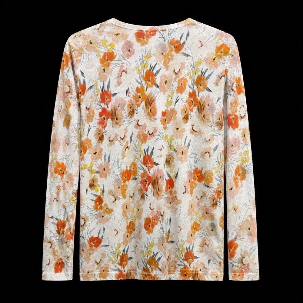 Garnet Hill Signiture Eco Merino Wool Floral Cardigan Sweater Women XL Cozy